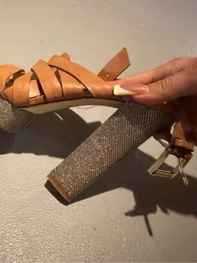 MICHAEL Michael Kors Tan Strappy Sandal with Glitter Block Heel